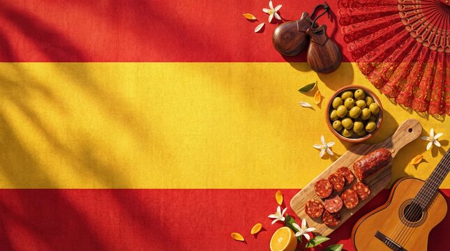 Vibrant Spain travel background with flag, guitar, castanets, red fan, olives and chorizo