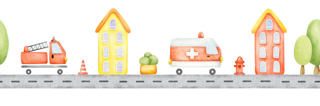 Seamless border of road, fire truck, ambulance, hydrant, trees, traffic cone. Watercolor hand drawn kid lane background of emergency cars on street. Baby horizontal print for children goods