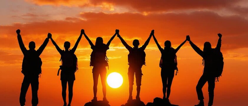 United Sunset Silhouette: A unified group of individuals stand as silhouettes, hands joined in triumph against a fiery sunset, symbolizing collaboration and shared goals. 