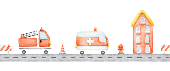 Seamless border of road, fire truck, ambulance, hydrant, red houses, traffic cone. Watercolor hand drawn kid lane background of emergency cars on street. Baby horizontal print for children goods