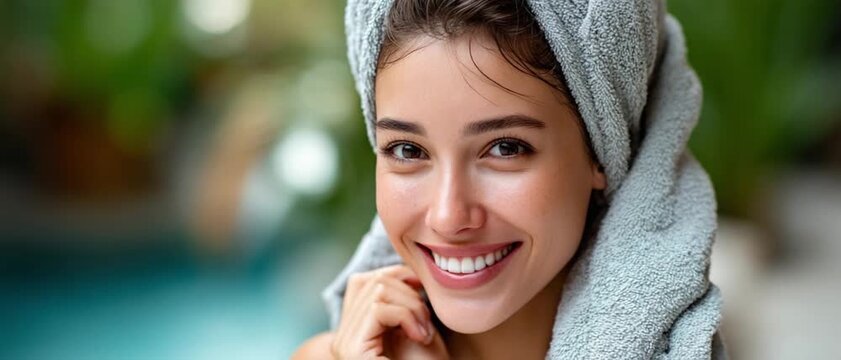 Radiant Beauty: A woman, her hair wrapped in a soft towel, offers a captivating smile, embodying natural beauty, serenity, and a refreshing start to the day.