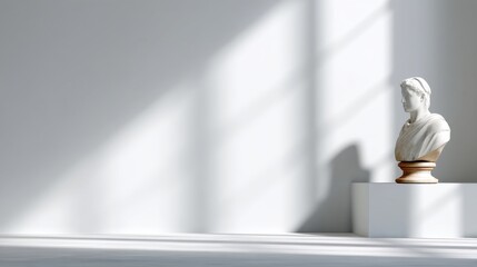 Elegant marble sculpture of a classical figure positioned in a modern minimalist space with soft natural light casting gentle shadows on the wall