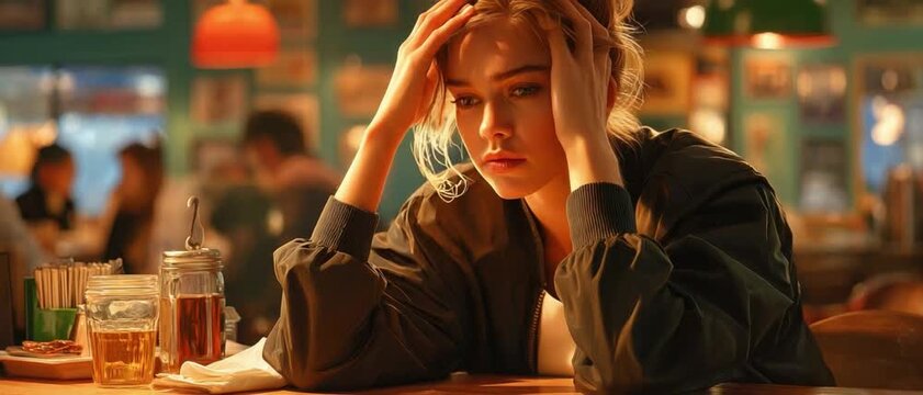 Reflection in solitude: A pensive individual, lost in thought, sits alone at a bar. The warm, soft light from above casts shadows, reflecting in their expressive eyes.