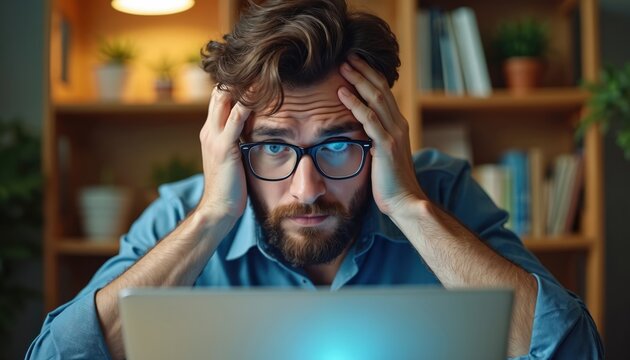 Young man in glasses looks at laptop screen. Frustrated male feels stress, has problems at work. Confused person trying fix software, understand online task.
