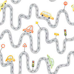 Naklejka premium Seamless surface pattern design of colorful cars, signs, traffic light on winding asphalt road. Watercolor hand drawn kids background of city streets. Baby endless print of highway for children goods