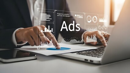 Businessman analyzing advertising data with futuristic interface for online marketing campaign success and performance tracking