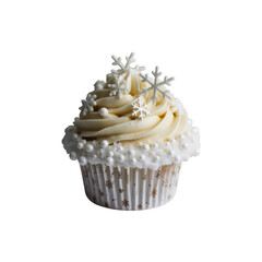 Festive white cupcake with snowflake decorations isolated on transparent background