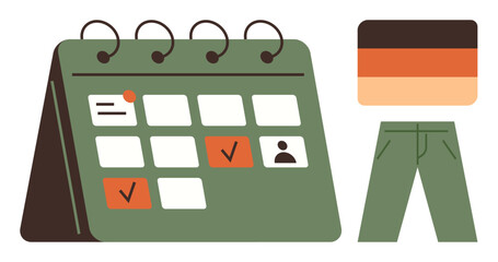 Calendar showing scheduled tasks with checkmarks, timeline gradient, and green pants. Ideal for time management, productivity, organization, fashion, scheduling planning deadlines. A simple flat