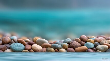 Smooth Pebbles Resting on Tranquil Water Surface Near Shoreline with Soft Focus in Beautiful Natural Landscape Setting