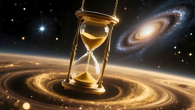 Golden Hoursglass Floating in Space - Concept of Time and Gravity