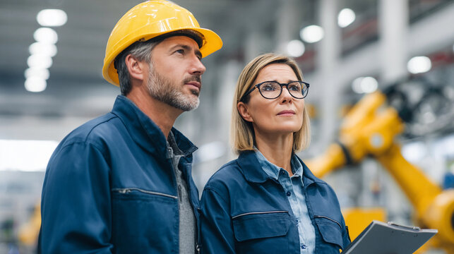 Two professionals in safety gear observe machinery in a modern manufacturing facility. They discuss operations and safety protocols while analyzing equipment efficiency