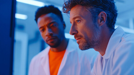 Scientists collaborate in a modern lab setting while analyzing data with intense focus