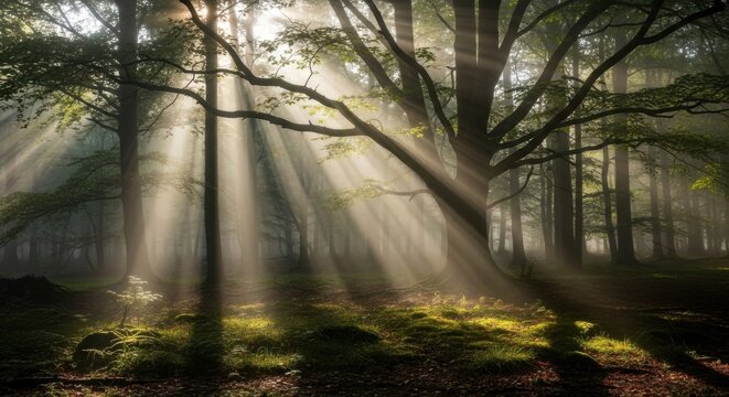 Morning sunbeams breaking through dense forest fog 