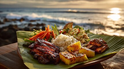 Tropical sunset feast of grilled meats, rice, and vibrant sides artfully plated on a banana leaf with rocky ocean shoreline creating a stunning culinary backdrop
