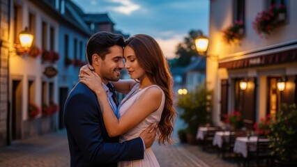 Romantic twilight embrace in a quaint European street showcasing affection and love