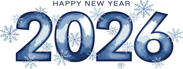 Blue winter-themed Happy New Year 2026 banner featuring elegant numbers with a watercolor texture and festive snowflakes