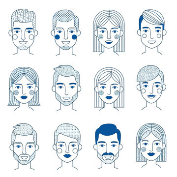 Diverse Collection of Stylized Human Face Icons Representing Various Individuals.