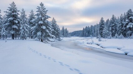 Serene arctic scene capturing snow-laden trees, footprints, and a partially frozen river creating