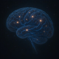 Fototapeta premium Futuristic glowing human brain with neural electric currents and star-like synapses floating in deep space, conceptual sci-fi illustration 