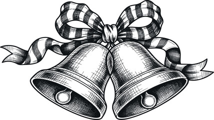 Vintage hand-drawn illustration of two ornate bells adorned with a festive ribbon, evoking a sense of celebration and tradition