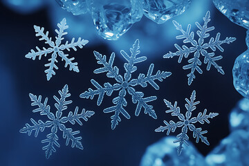 Closeup of delicate ice crystals forming intricate snowflake patterns against a dark blue background