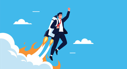 Fototapeta premium A successful businessman with a jetpack soars through the sky, representing rapid career advancement, startup growth, and ambitious goals.