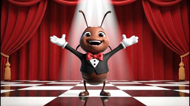 Cute 3D cartoon ant in a tuxedo with open arms smiling on a checkered stage under a spotlight with red curtains for a welcoming show concept