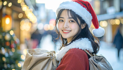キラキラきらめく街並みで正面で微笑む20代サンタ女性素材
– Bright Cutout of a Smiling Japanese Woman in Santa Outfit (Front View)