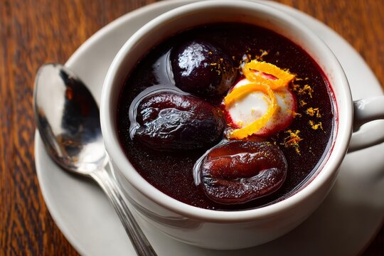 Close-up of white mug filled with prune soup, topped with plums and dollop of cream. Concept of luumukiisseli fruit warm dessert drink on wooden table.