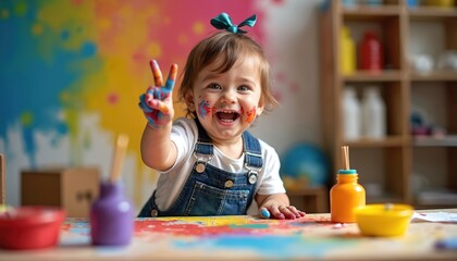Happy toddler playing with vibrant paint. Cute girl enjoys creative art activity, covered in colorful paint with cheerful smile. Concept of childhood development, creativity, joyful learning through