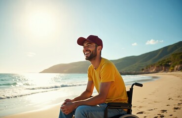 Man in wheelchair smiles on sandy beach near blue ocean. He enjoys summer vacation with mountains and clear sky. Person feels happy, relaxed and active.