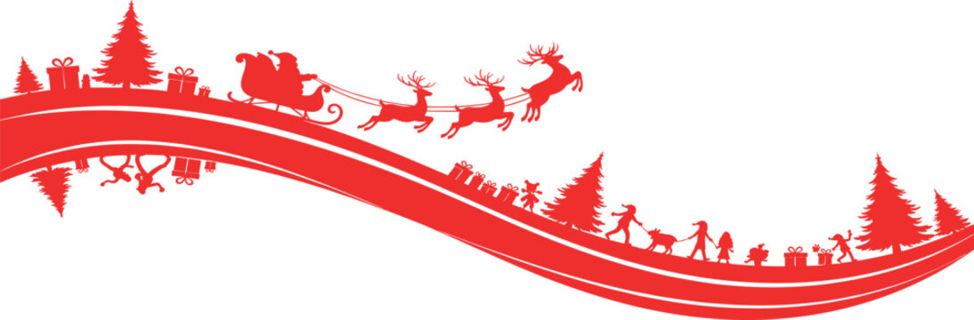 Festive Red Silhouette Santa's Sleigh and Christmas Cheer in a Wavy Design
