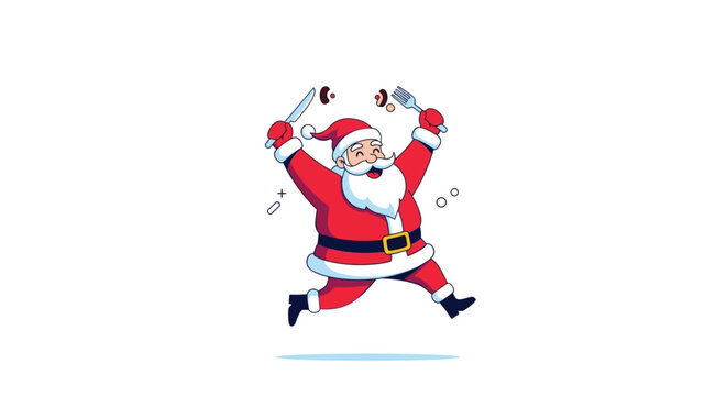 Joyful Santa Claus cartoon character eagerly runs with silverware, excited for Christmas dinner or festive food.