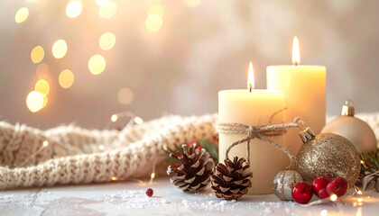 キャンドルの灯りが柔らかく滲む温かなクリスマスボケ背景
– Warm Christmas Bokeh Background with Soft Candlelight Glow