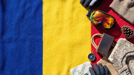 Andorra winter travel background with flag, ski goggles, gloves, hat and duty free shopping item