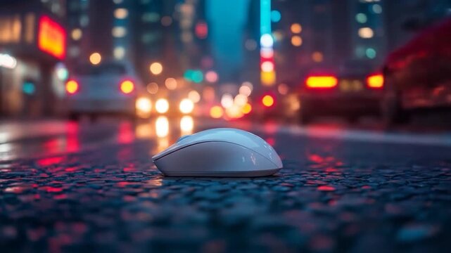 A white computer mouse sits on a wet cobblestone street at night