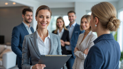 Business team meeting with smiling businesswoman in modern office setting
