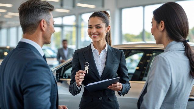 Car salesperson handing keys to a couple in a modern dealership showroom - Powered by Adobe