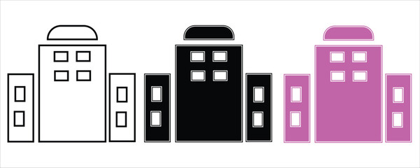 Building icons in outline, black, and magenta isolated on