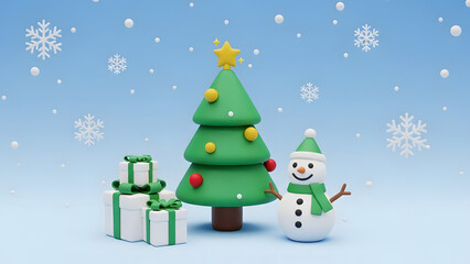 Naklejka premium 3D Cute Snowman Christmas Tree Gift Boxes Blue Background Winter Holiday Celebration Greeting Card Banner Template Cartoon Character Design