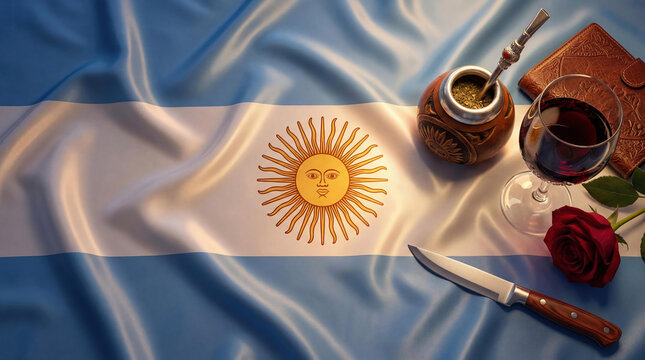 Argentina travel concept with flag background, mate gourd, red wine glass, rose and knife