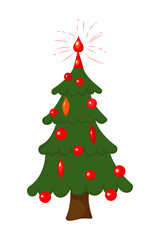Cartoon Christmas tree for holiday design. Christmas tree with colorful xmas balls. Happy New year concept, Isolated on transparent background
