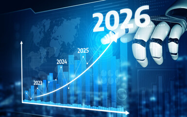 This image features a futuristic robot hand interacting with a growth chart that highlights annual increases from 2023 to 2026, showcasing technology advancements. Tessel