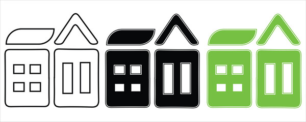 Three house icon styles outline, black, and green, isolated on white