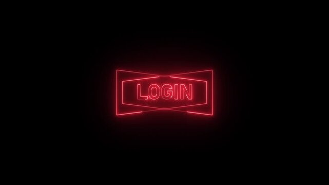 Neon glowing login text icon animated on black background. 4k video.	
