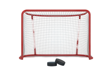 Hockey net with two pucks on a background