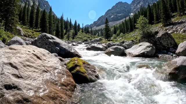 Experience the calming flow of a pristine mountain stream, a soothing nature escape, a picturesque