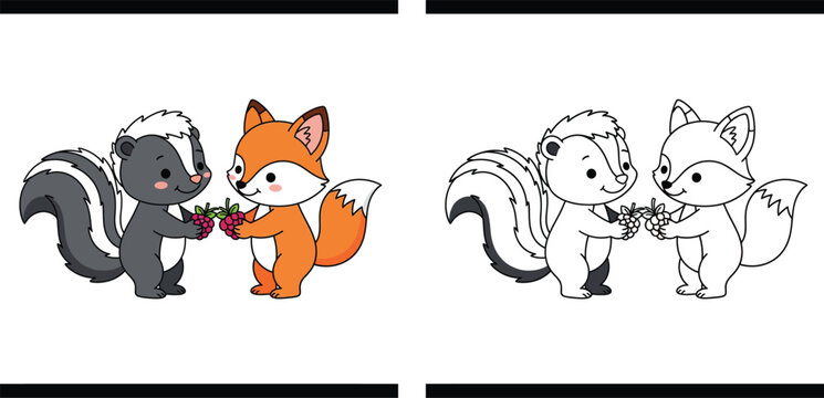 Cute cartoon skunk and fox friends sharing raspberries vector illustration. Adorable wild animal characters holding berries isolated on white background.
