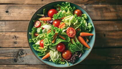 Fresh and healthy salad with tomatoes and carrots in a rustic bowl