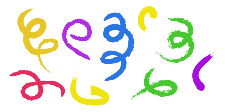 Collection colorful bold curved lines with loops isolated on white. Hand drawn bold grunge wavy and swirled brush strokes. Simple childish vector scribbles and squiggles. Creative trendy style design.